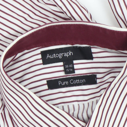 Marks and Spencer Autograph Men's White Burgundy Striped Cotton Dress Shirt 15.5in 39-40 Slim Fit