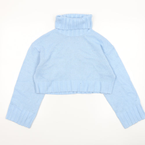 H&M Women Blue Roll Neck Cropped Knit Jumper Size 8