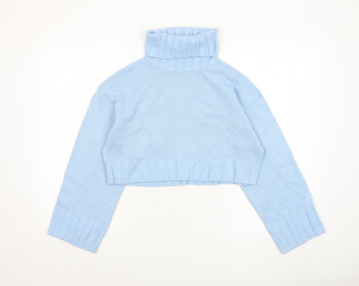 H&M Women Blue Roll Neck Cropped Knit Jumper Size 8