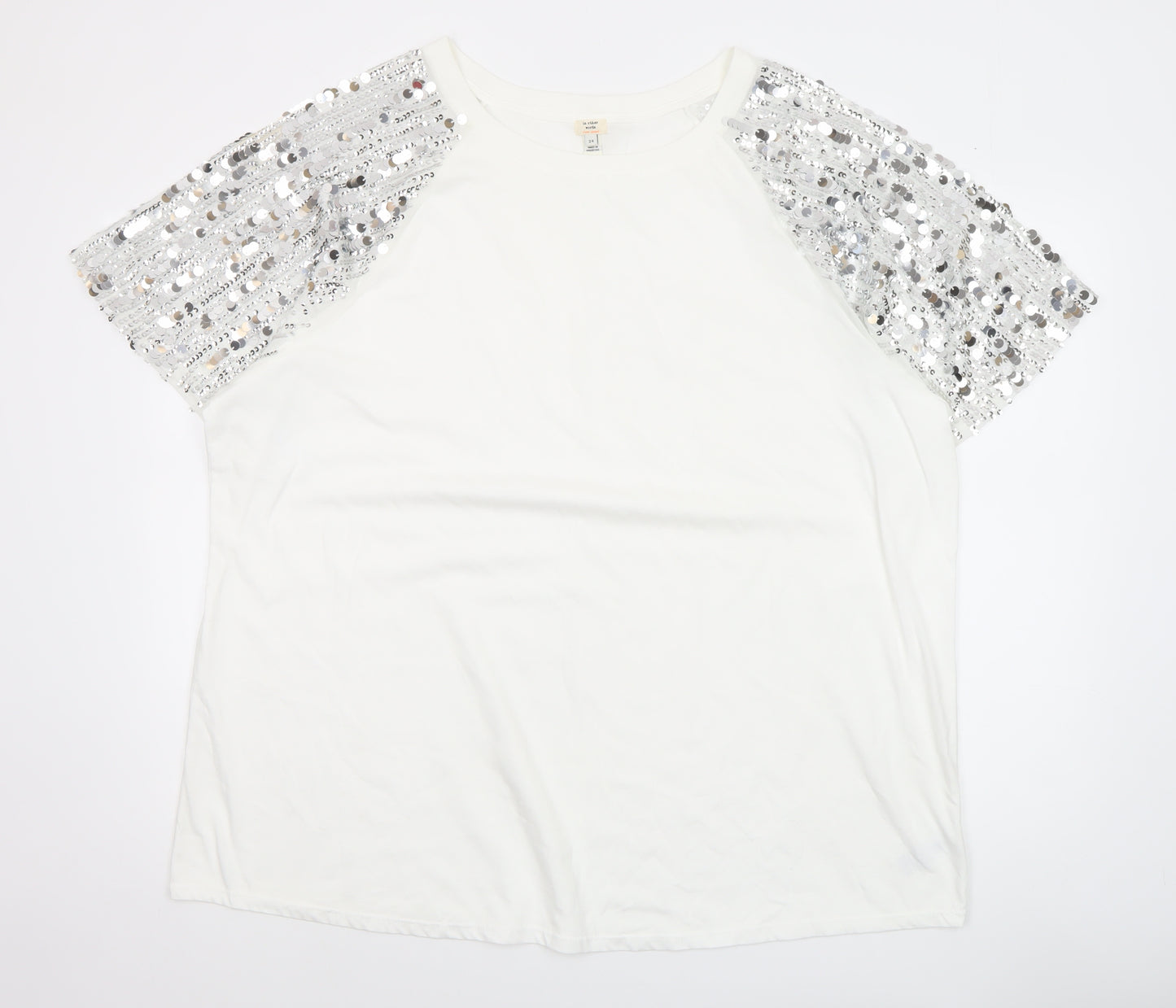 River Island White Sequin Sleeve Cotton T-Shirt Size 24