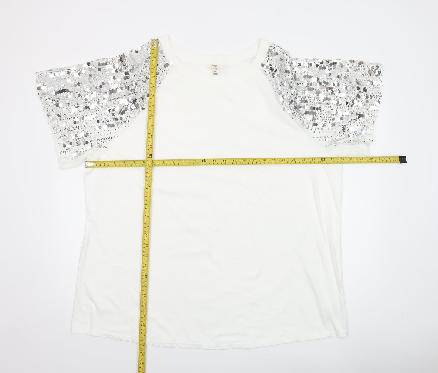 River Island White Sequin Sleeve Cotton T-Shirt Size 24
