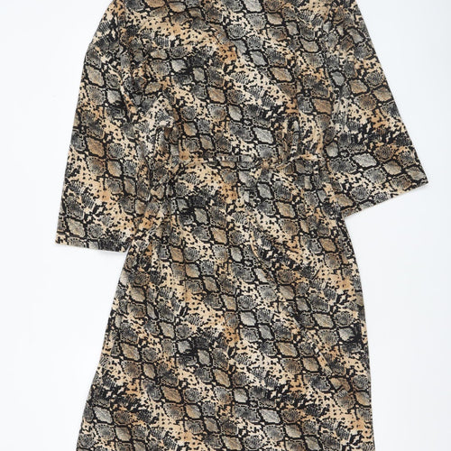 Zara Women Beige Snake Print Shift Dress Size 14 3/4 Sleeve
