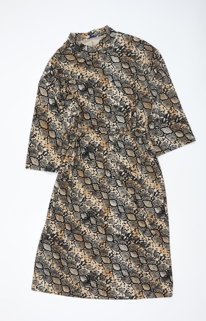Zara Women Beige Snake Print Shift Dress Size 14 3/4 Sleeve