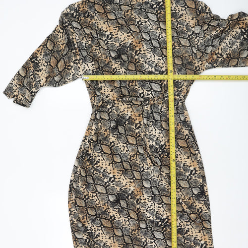 Zara Women Beige Snake Print Shift Dress Size 14 3/4 Sleeve