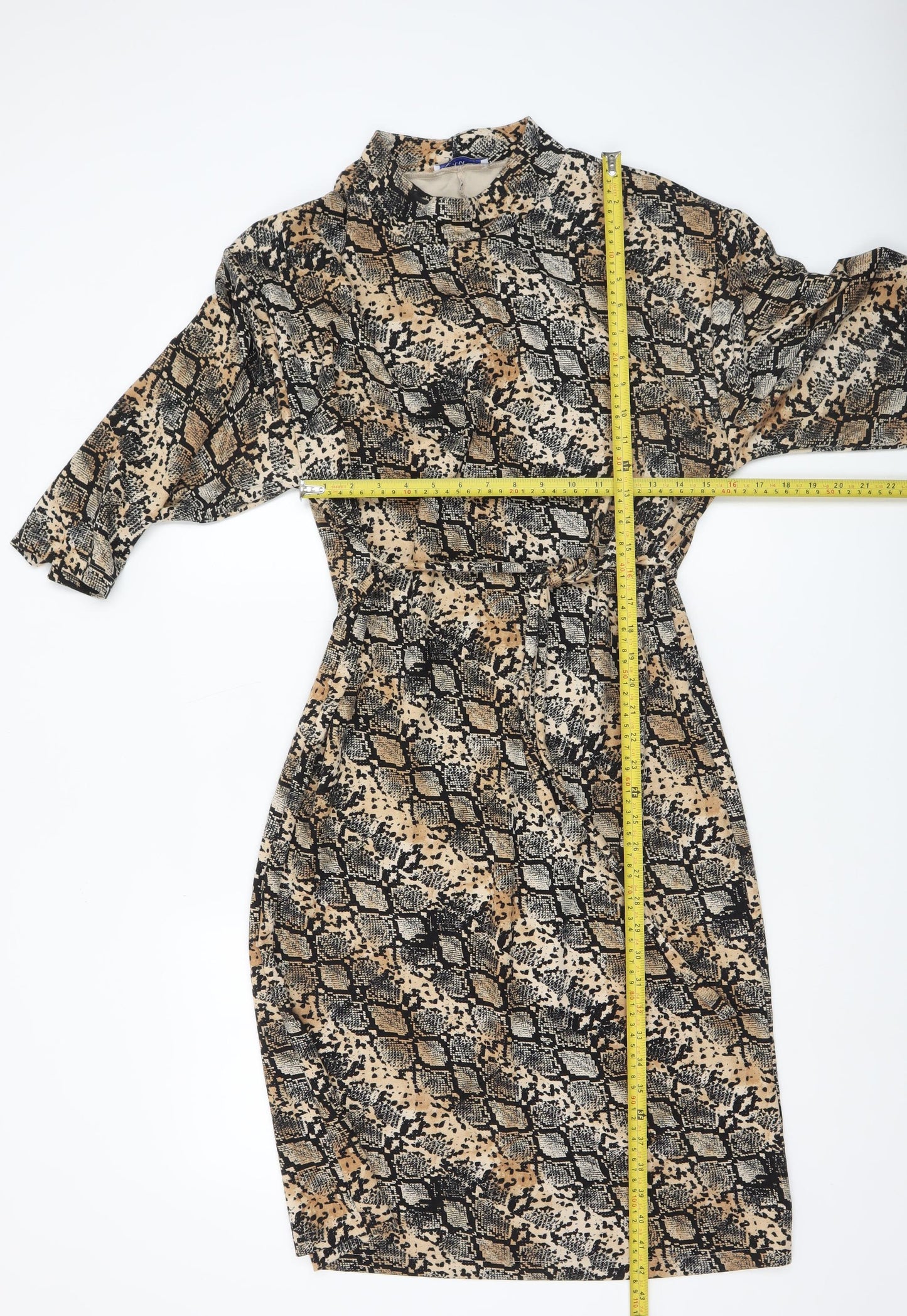 Zara Women Beige Snake Print Shift Dress Size 14 3/4 Sleeve