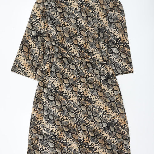 Zara Women Beige Snake Print Shift Dress Size 14 3/4 Sleeve