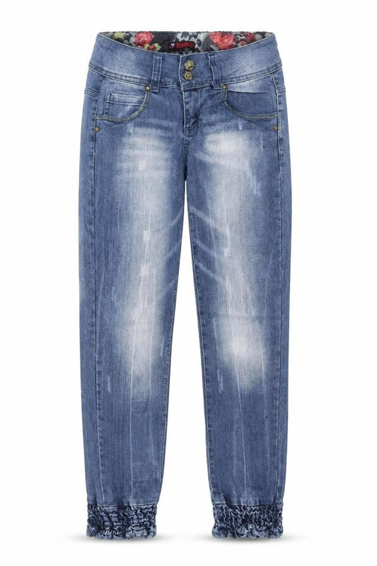 Front view of Denim Co girls’ blue jegging jeans, size 152 slim, fit elastic waist