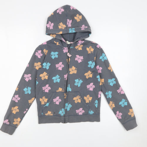 Old Navy Girls Grey Floral Full Zip Hoodie Size 10-12 Years Cotton Blend