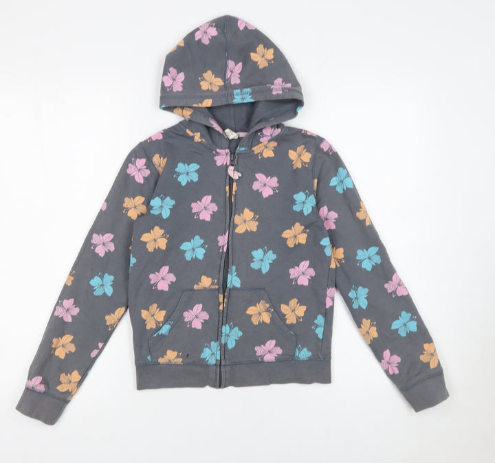Old Navy Girls Grey Floral Full Zip Hoodie Size 10-12 Years Cotton Blend