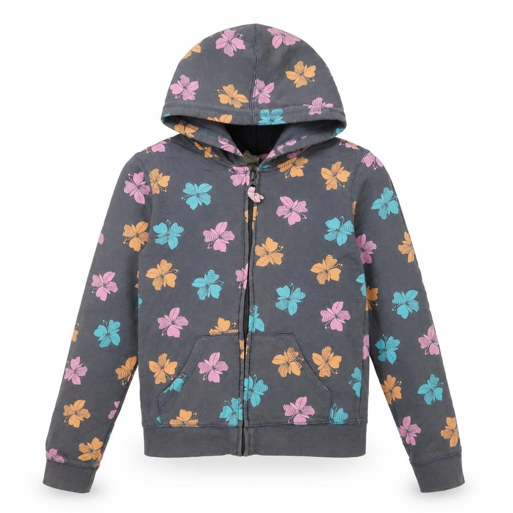 Old Navy Girls Grey Floral Full Zip Hoodie Size 10-12 Years Cotton Blend