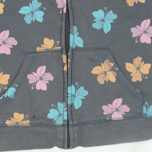 Old Navy Girls Grey Floral Full Zip Hoodie Size 10-12 Years Cotton Blend