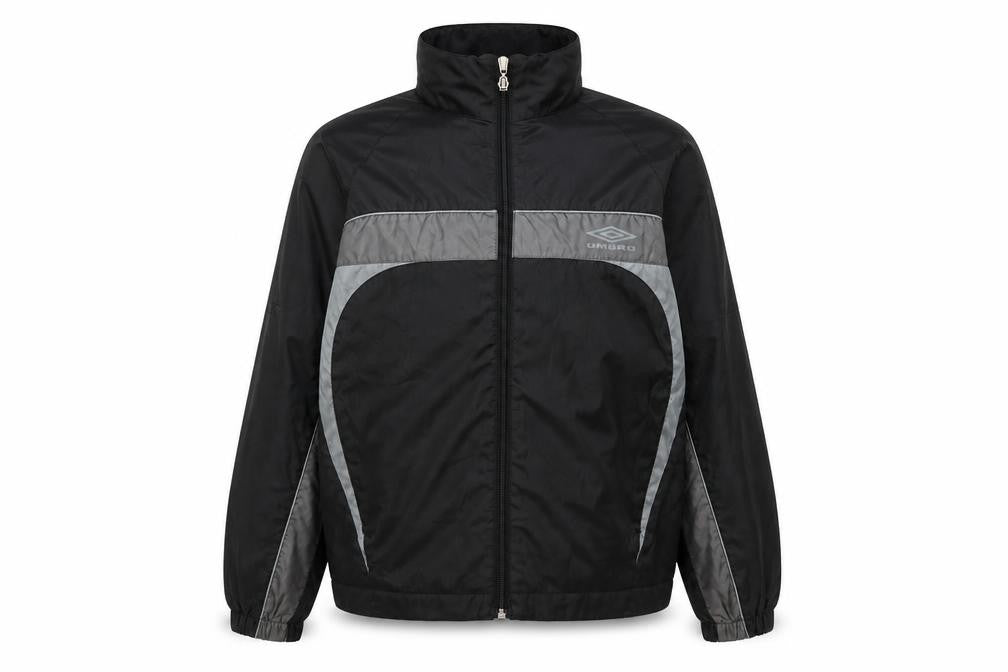 Front view of Umbro boys’ black grey track jacket, size 9, years polyester lightweight