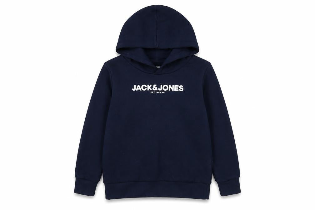 Front view of Jack & Jones boys’ blue pullover hoodie 8 years regular fit logo print
