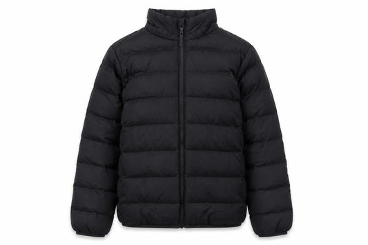 Front view of Uniqlo boys’ black 9-10 years puffer jacket lightweight winter coat