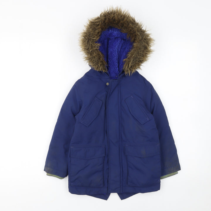 Boden Boys Blue Faux Fur Hooded Parka Coat 3-4 Years Winter Warm Lined