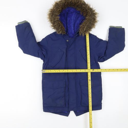 Boden Boys Blue Faux Fur Hooded Parka Coat 3-4 Years Winter Warm Lined