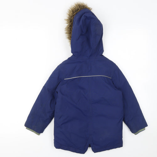 Boden Boys Blue Faux Fur Hooded Parka Coat 3-4 Years Winter Warm Lined