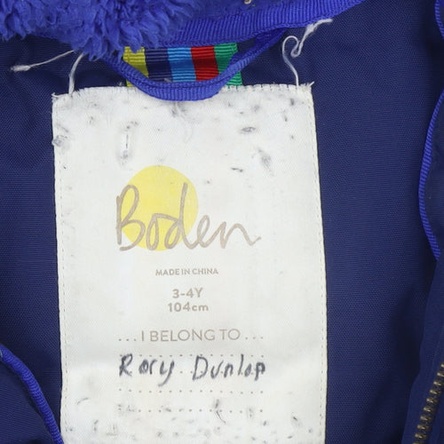 Boden Boys Blue Faux Fur Hooded Parka Coat 3-4 Years Winter Warm Lined