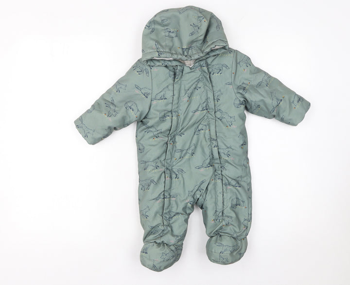 John Lewis Unisex Baby Green Animal Print Hooded Padded Snowsuit 3-6 Months