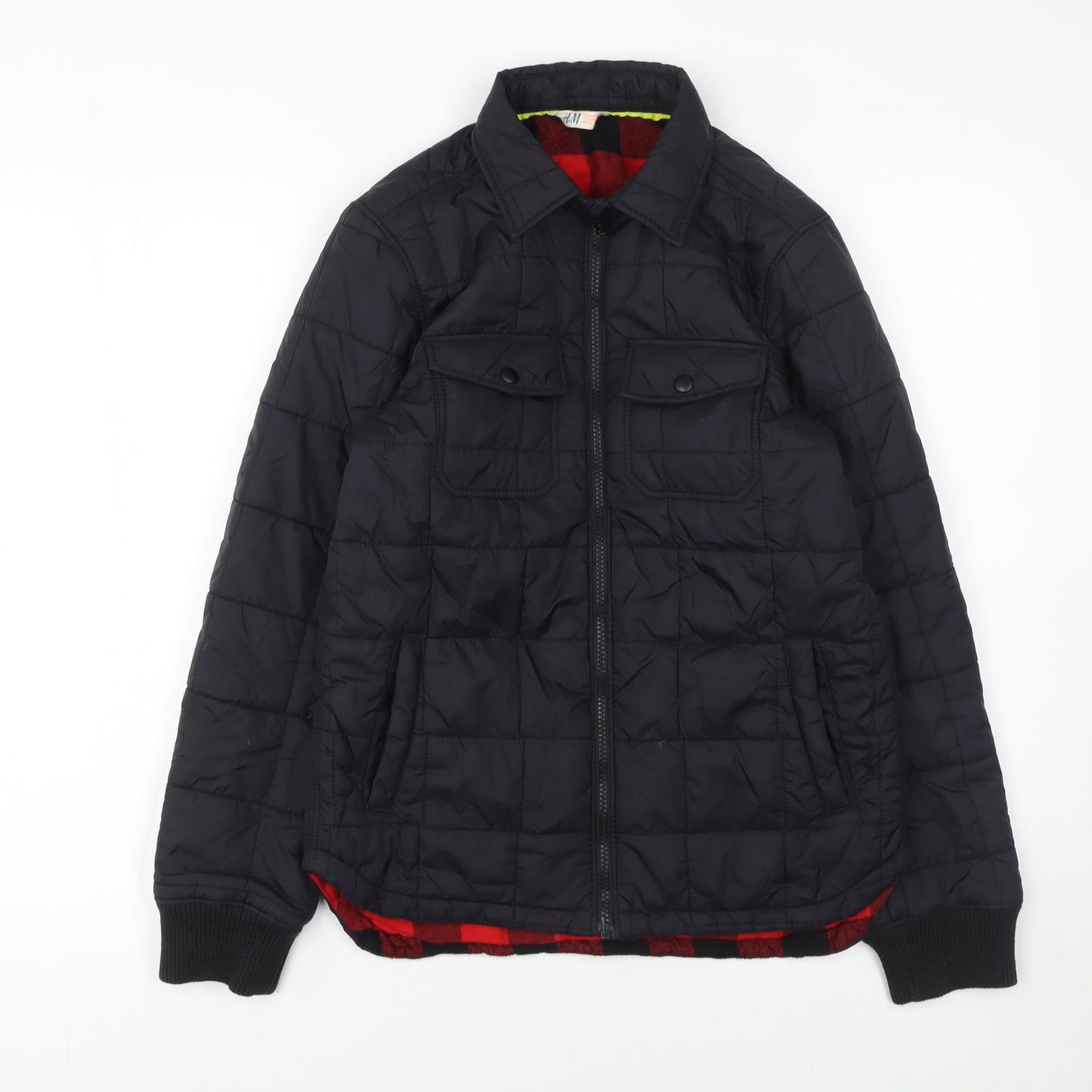 H&M Boys Black Quilted Jacket 11-12 Years Winter Padded Zip Pockets