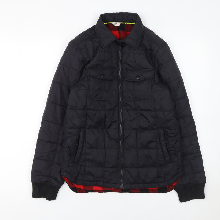 H&M Boys Black Quilted Jacket 11-12 Years Winter Padded Zip Pockets