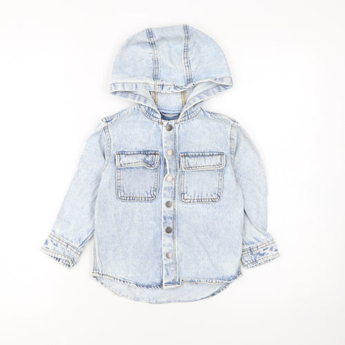 Next Boys Blue Denim Hooded Button-Up Shirt 2-3 Years Long Sleeve Cotton