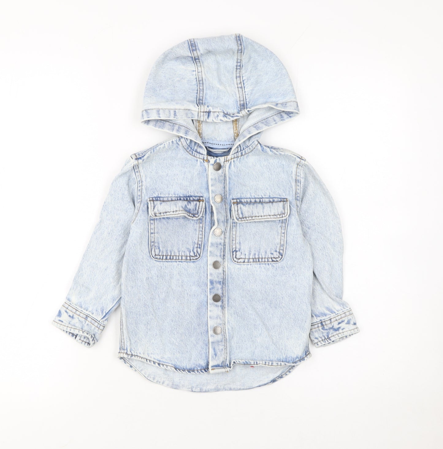 Next Boys Blue Denim Hooded Button-Up Shirt 2-3 Years Long Sleeve Cotton