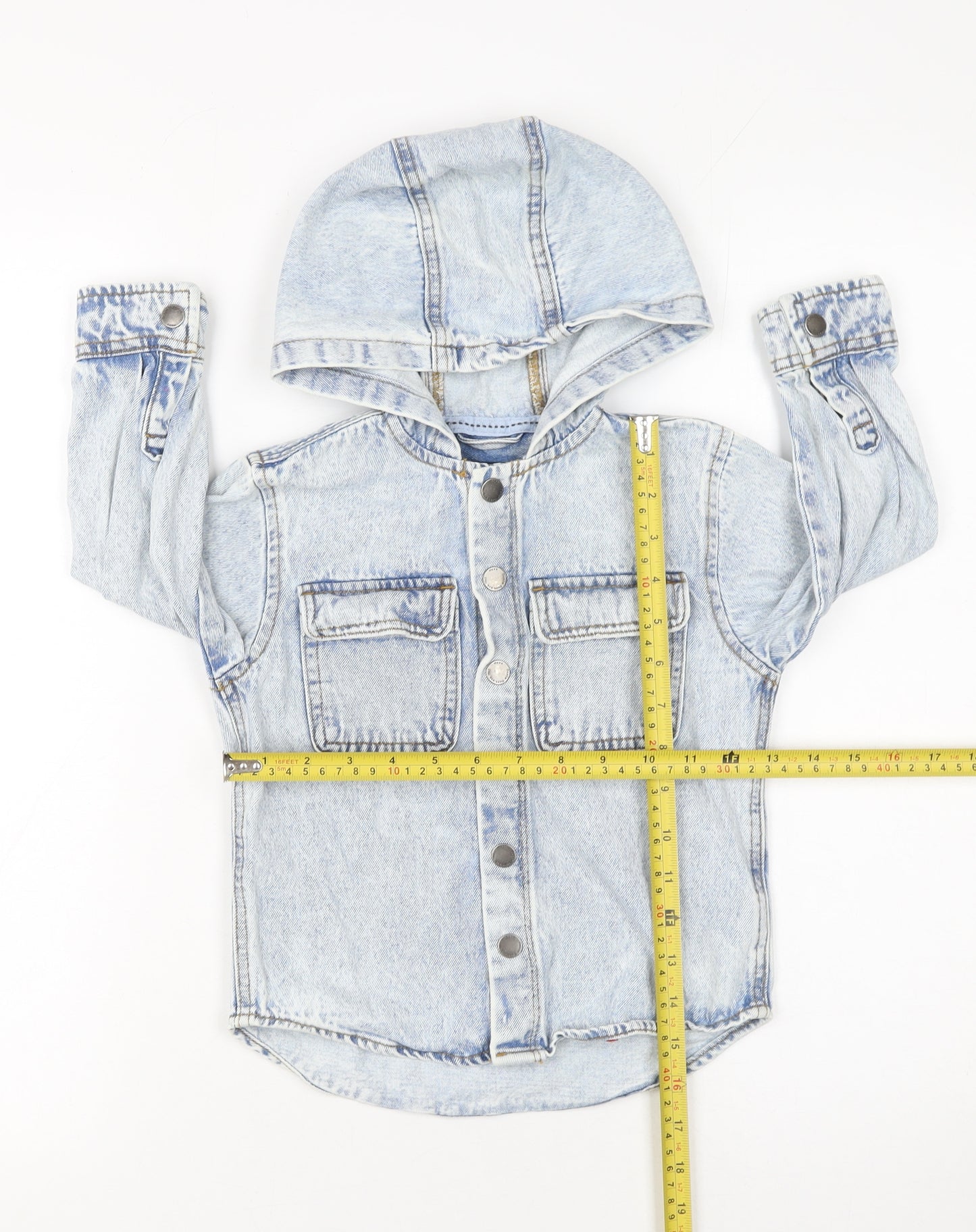 Next Boys Blue Denim Hooded Button-Up Shirt 2-3 Years Long Sleeve Cotton