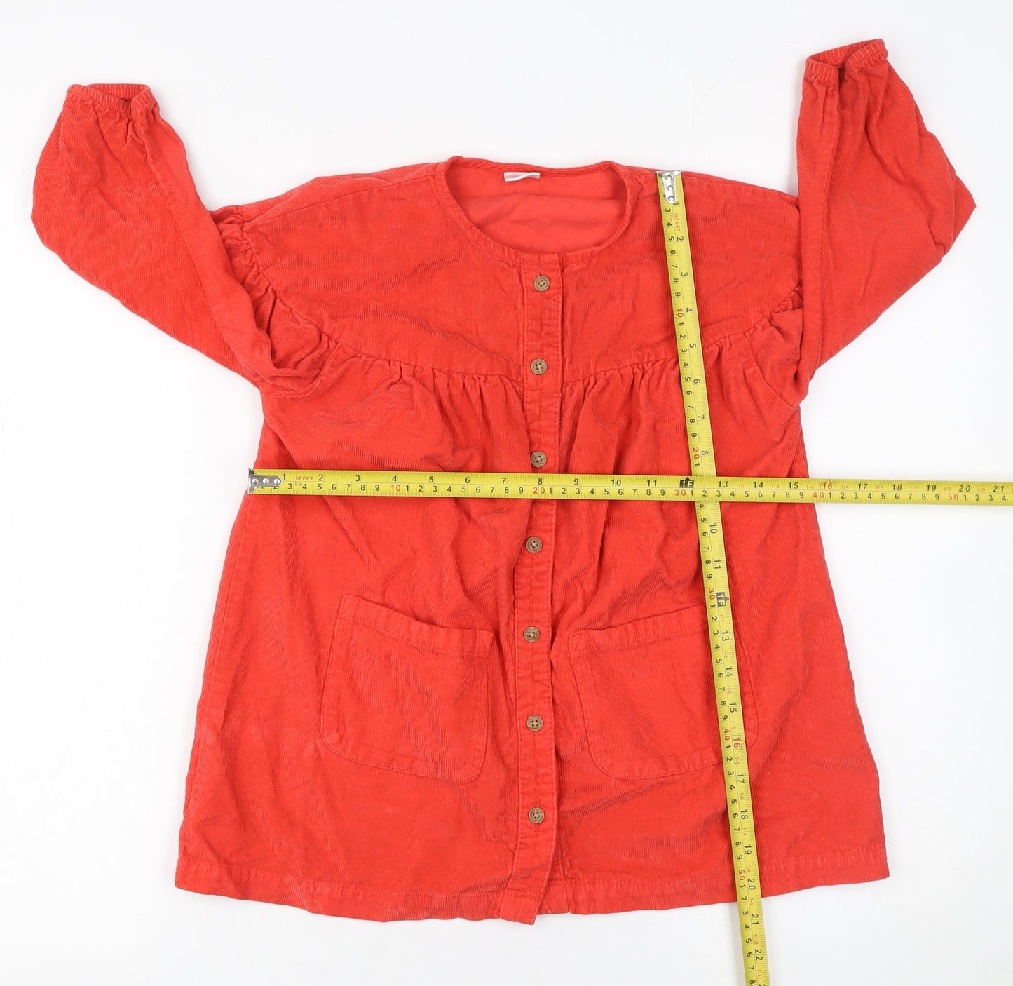 Next Girls Red Corduroy Button-Up Shirt Dress 3-4 Years Long Sleeve