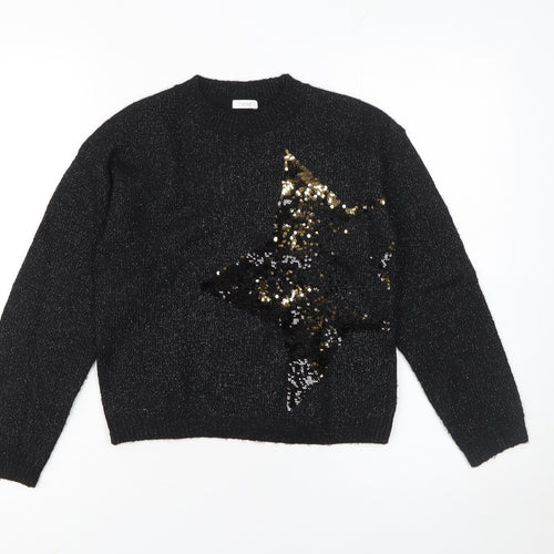 Next Girls Black Sequin Star Jumper 9 Years Acrylic Blend Crew Neck
