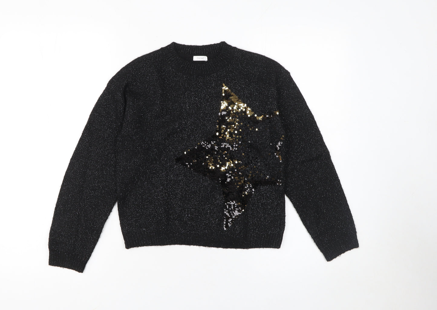 Next Girls Black Sequin Star Jumper 9 Years Acrylic Blend Crew Neck