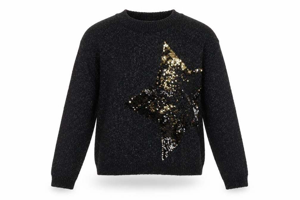 Next Girls Black Sequin Star Jumper 9 Years Acrylic Blend Crew Neck