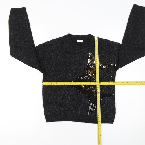 Next Girls Black Sequin Star Jumper 9 Years Acrylic Blend Crew Neck
