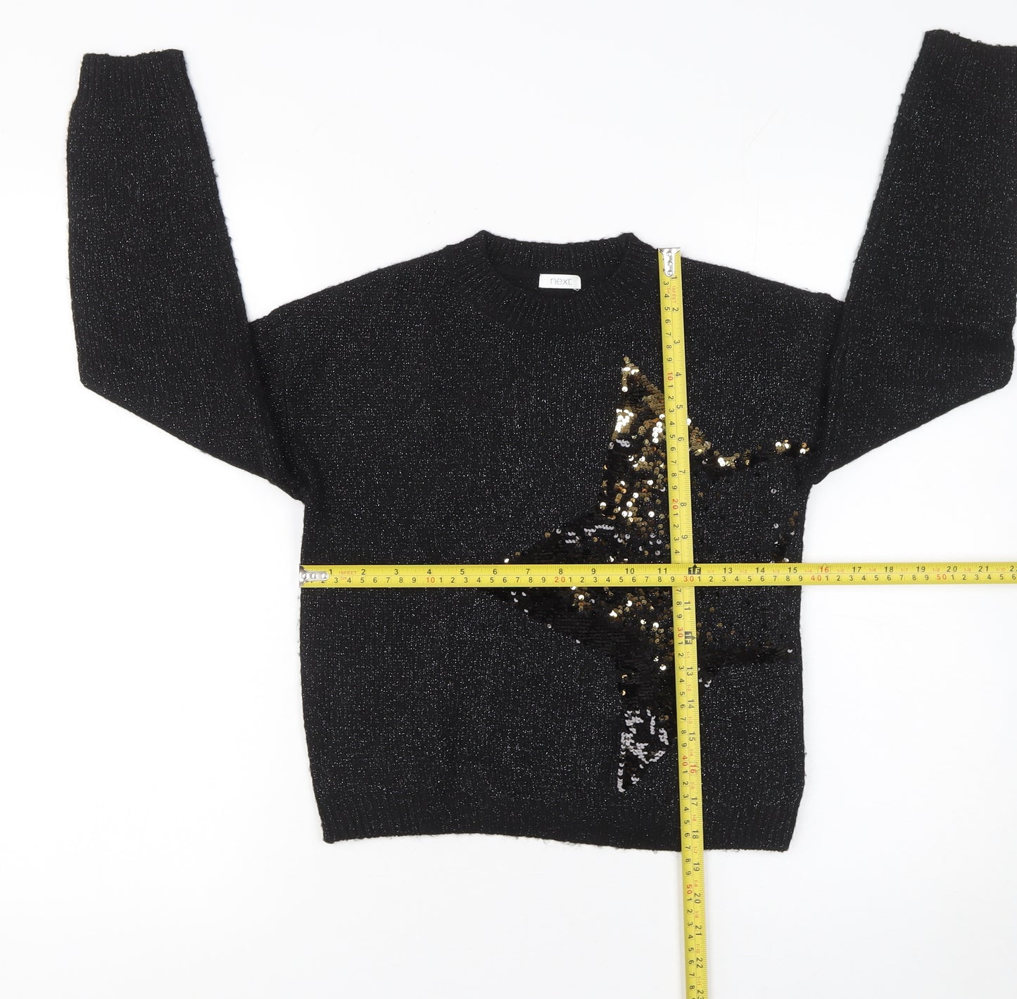 Next Girls Black Sequin Star Jumper 9 Years Acrylic Blend Crew Neck