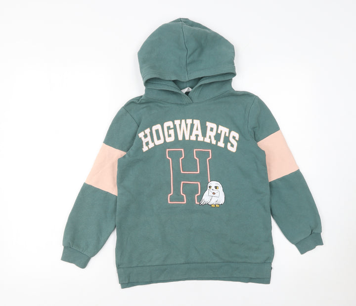 H&M Girls Green Hogwarts Hoodie 7-8 Years Pullover Hooded Sweatshirt