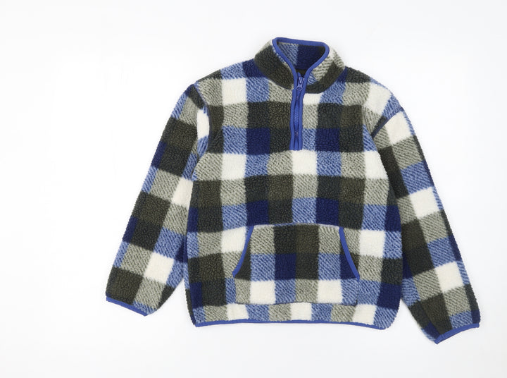 Dunnes Stores Boys Blue Check Fleece 1/2 Zip Pullover Sweatshirt 10-11 Years