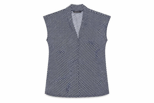 Front view of Dunnes Women's Blue Striped Sleeveless V-Neck Blouse, size 12