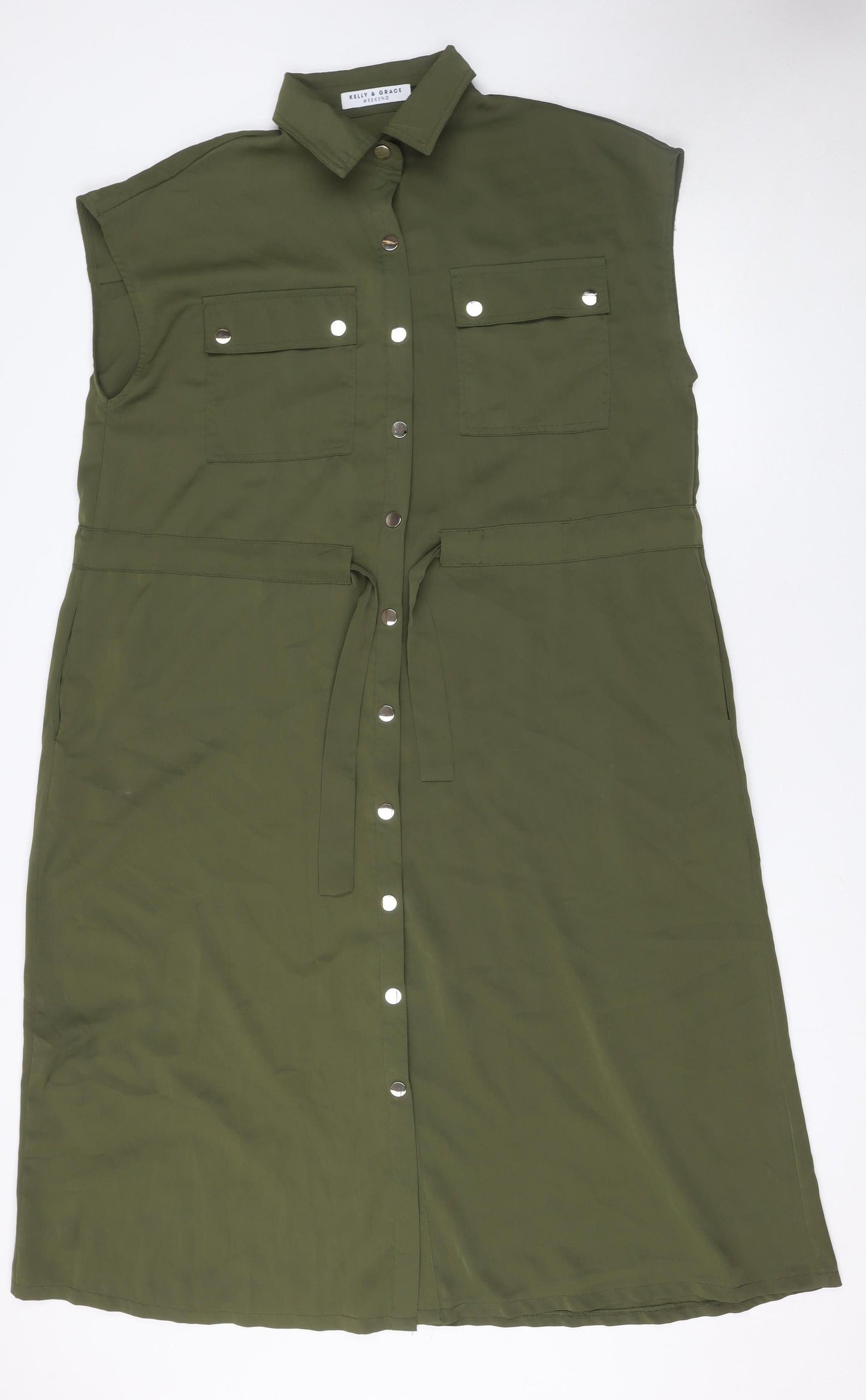 Kelly & Grace Women Green Shirt Dress S Sleeveless Belted Utility Style