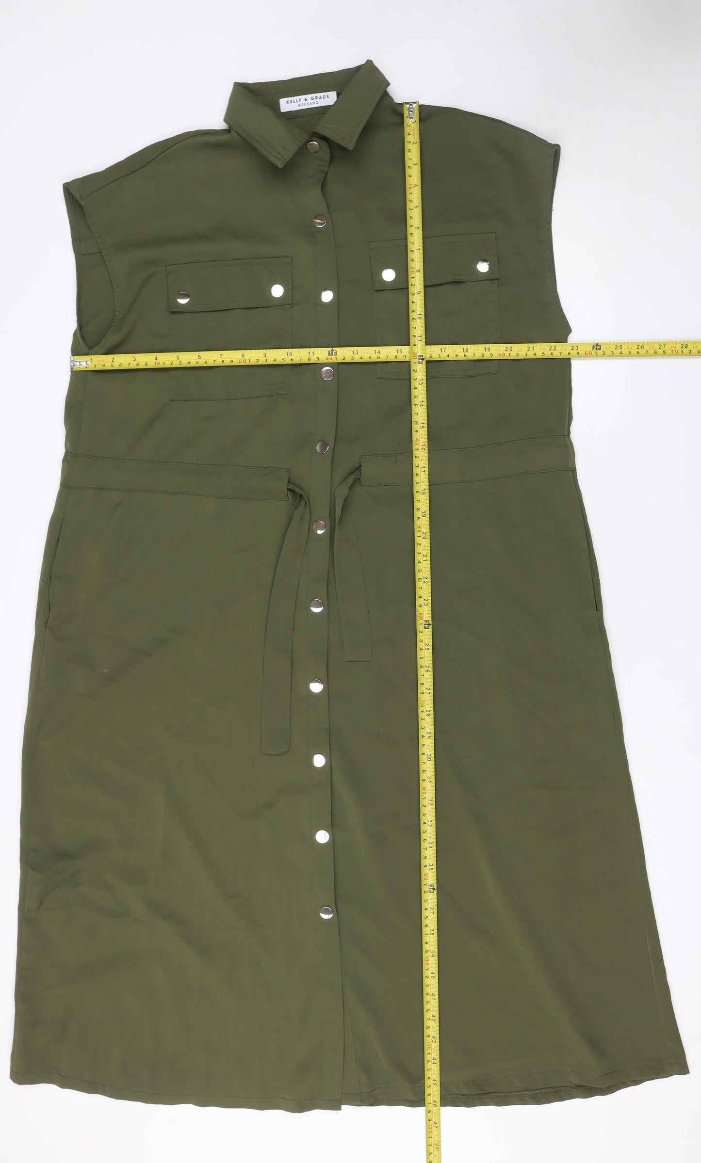 Kelly & Grace Women Green Shirt Dress S Sleeveless Belted Utility Style