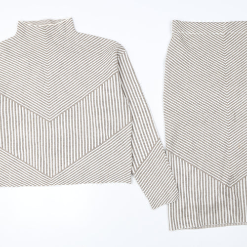 Rachel Zoe Women Beige Striped Knit Outfit Set Size L High Neck Long Sleeve