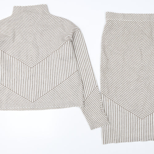 Rachel Zoe Women Beige Striped Knit Outfit Set Size L High Neck Long Sleeve