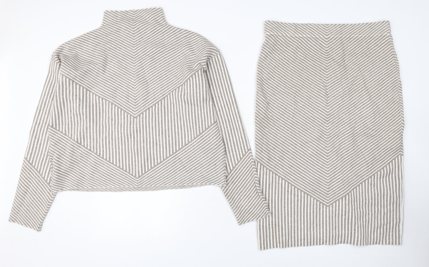 Rachel Zoe Women Beige Striped Knit Outfit Set Size L High Neck Long Sleeve