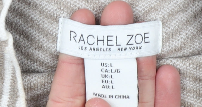 Rachel Zoe Women Beige Striped Knit Outfit Set Size L High Neck Long Sleeve