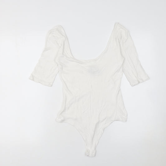 COLLUSION Women White Ribbed Bodysuit UK 14 Tall Scoop Neck 3/4 Sleeve