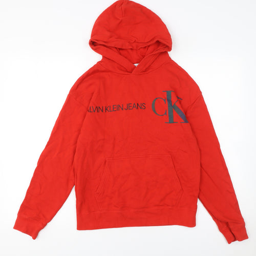 Calvin Klein Jeans Boys Red Logo Pullover Hoodie Size 14 Years