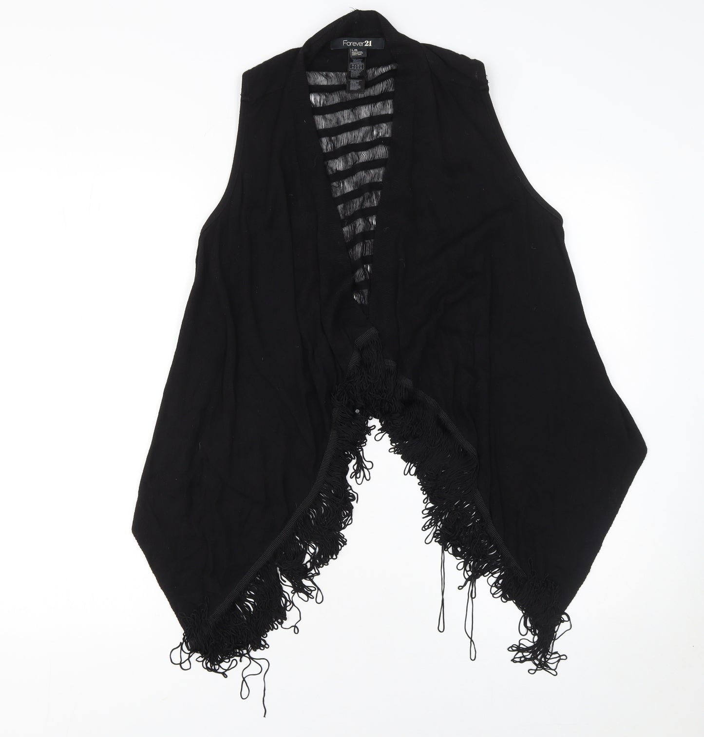 Forever 21 Women Black Sleeveless Fringe Open Knit Vest L