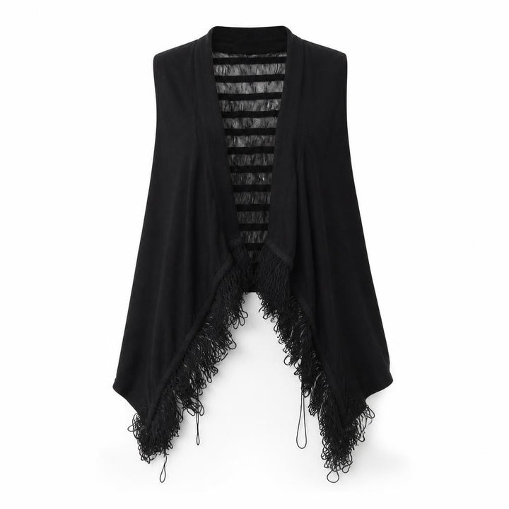 Forever 21 Women Black Sleeveless Fringe Open Knit Vest L