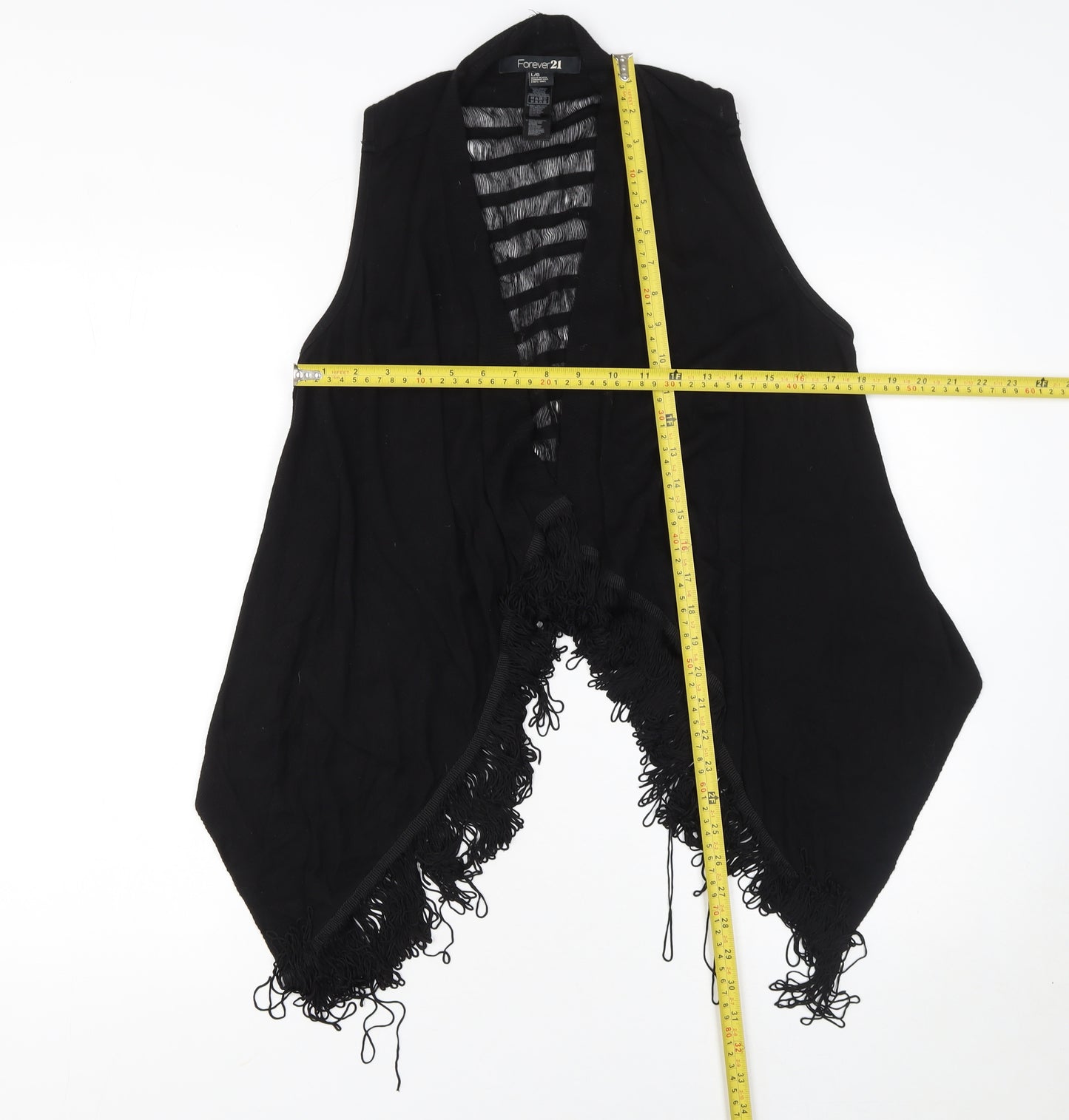 Forever 21 Women Black Sleeveless Fringe Open Knit Vest L