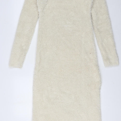 H&M Women Ivory Long Sleeve Fluffy Knit Bodycon Midi Dress Size S