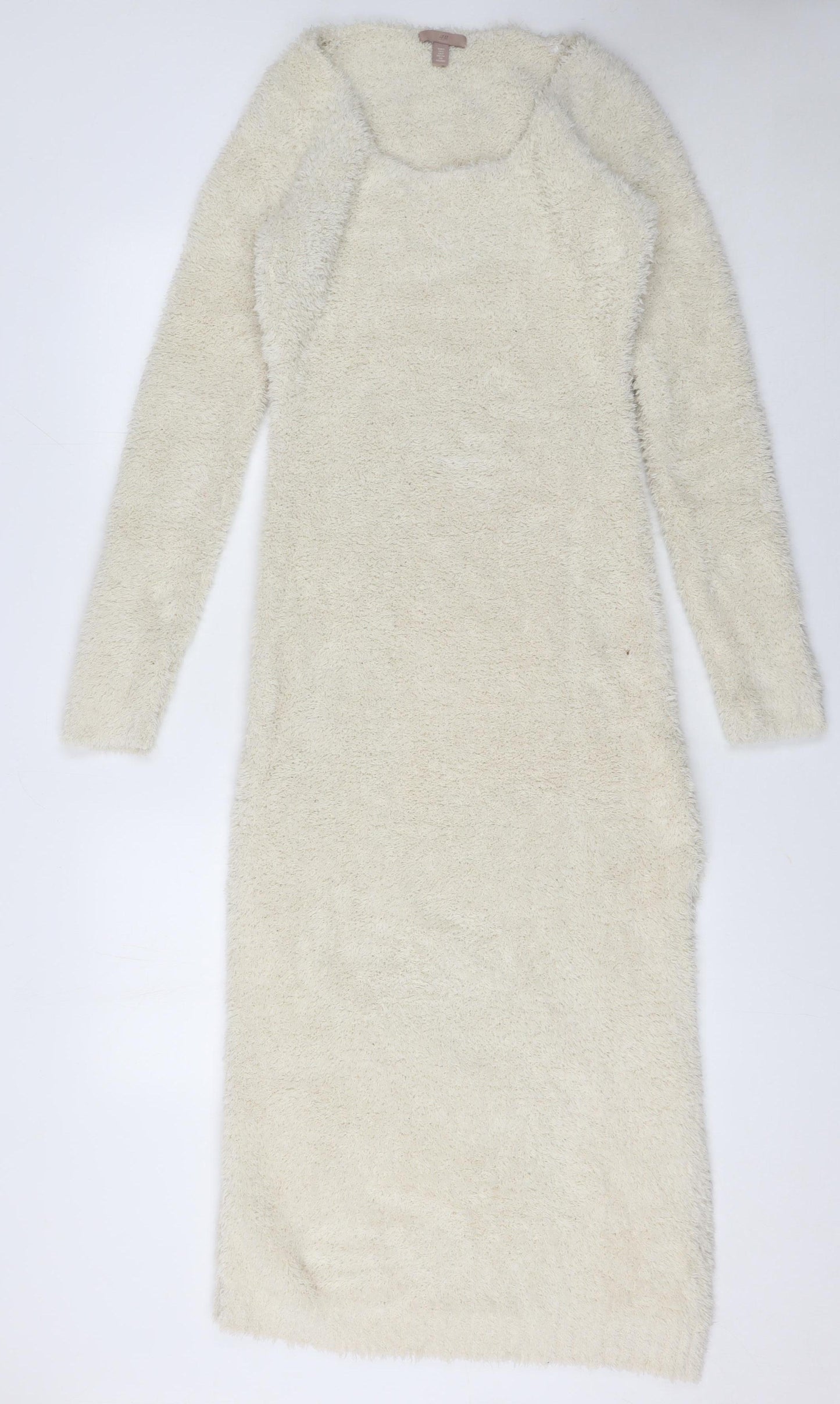 H&M Women Ivory Long Sleeve Fluffy Knit Bodycon Midi Dress Size S